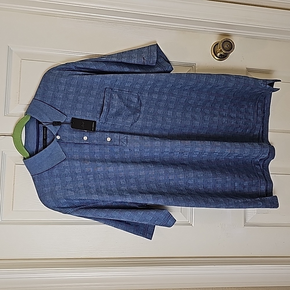 Greg Norman 100% Cotton Ocean Blue Crosshatch Print Polo Size L NWT - Picture 2 of 8
